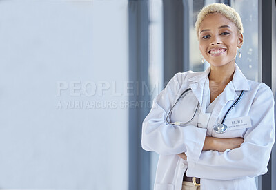 Buy stock photo Woman, happy portrait and doctor with arms crossed in hospital for medical services, advice or mockup space in clinic. Surgeon, therapist and healthcare employee smile for pride, trust and consulting