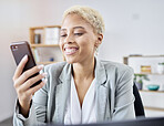 Phone, smile and business woman in office with message, texting or social media communication. Smartphone, app and happy female with chat, app or online dating, networking or notification at work