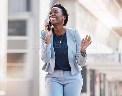 Buy stock photo Business, walking and phone call of happy woman in city for conversation, mobile networking and funny communication. African worker talking on smartphone for contact, chat and laugh in urban street 