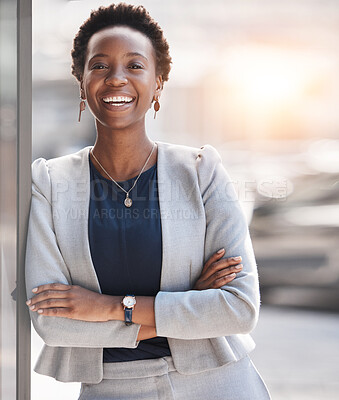 Buy stock photo Smile, happy and portrait of black woman accountant confident and ready for finance company growth or development. African, corporate and young employee or entrepreneur in Nigeria startup business