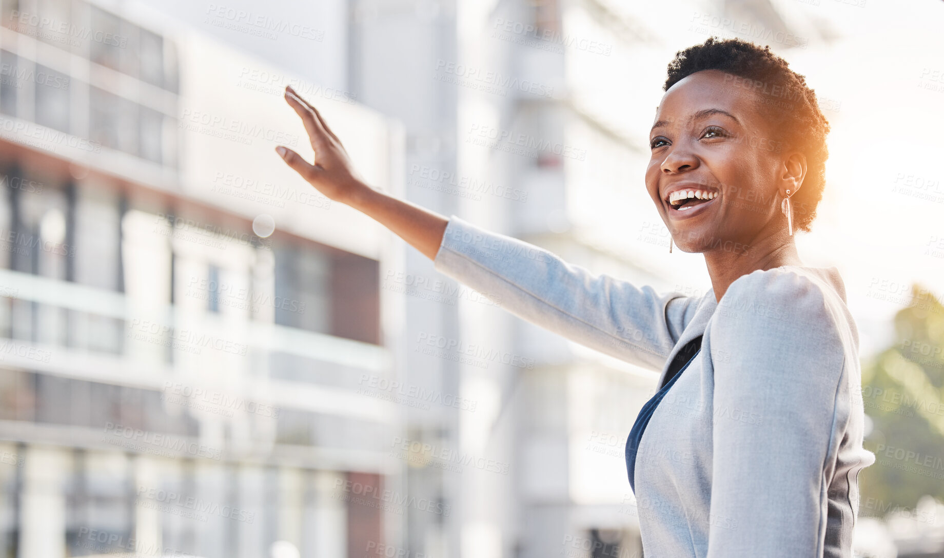 Buy stock photo Taxi, business woman and smile in the city with wave for travel and urban transportation. Hailing cab, African professional and road with entrepreneur outdoor with a worker smile from traffic commute