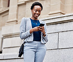 Business, city or black woman with a smartphone, typing or connection with consultant, smile or communication. Person, entrepreneur or cellphone with mobile app, email or outdoor with internet search
