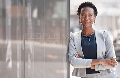 Buy stock photo Balcony, proud and portrait of black woman accountant confident and ready for finance company growth or development. African, corporate and young employee or entrepreneur in Nigeria startup business