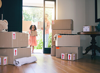 Buy stock photo Gay couple, child and adoption moving in new home with boxes for property, investment or house together. Men walking with adopted girl in renovation, relocation or homeowners in apartment for startup