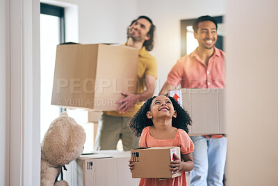 Buy stock photo Happy, family and moving box with kid and gay parents in new home with cardboard package. Smile, child and lgbt people together with real estate and property mortgage in a house helping father