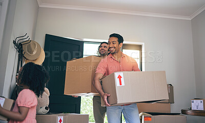 Buy stock photo Happy, new home and box moving with child and gay parents with cardboard package and family. Smile, kid and lgbt people together with real estate and property mortgage in a house helping father