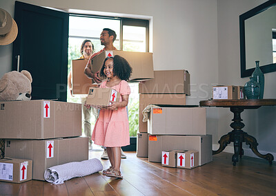 Buy stock photo Happy, family and moving boxes with child and gay parents in new home with cardboard package. Smile, kid and lgbt people together with real estate and property mortgage in a house helping father