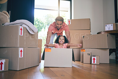 Buy stock photo Father, child and box in new home for games, fun and freedom for bonding in real estate property. Happy dad, excited kid and portrait of girl play in cardboard boxes for race while moving to house 