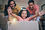 Family home, girl and box with dad, push and gay parents with games, portrait and excited on floor with moving. LGBTQ men, female child and cardboard package for car, airplane and speed in new house
