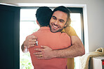 House, keys and gay couple hug for real estate, success or new home celebration together. Property, dream or lgbt men embrace for love, happy or smile for rental, apartment or celebrate mortgage loan