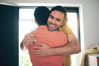Buy stock photo House, keys and gay couple hug in real estate, success or new home celebration together. Property, invest or lgbt men embrace for love, happy or smile for rental, apartment or celebrate mortgage loan
