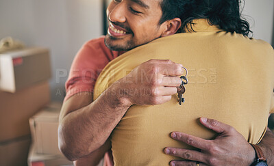Buy stock photo House, keys and gay men hug for real estate, success or new home celebration together. Property, moving or lgbt couple embrace for love, happy or smile in rental, apartment or celebrate mortgage loan