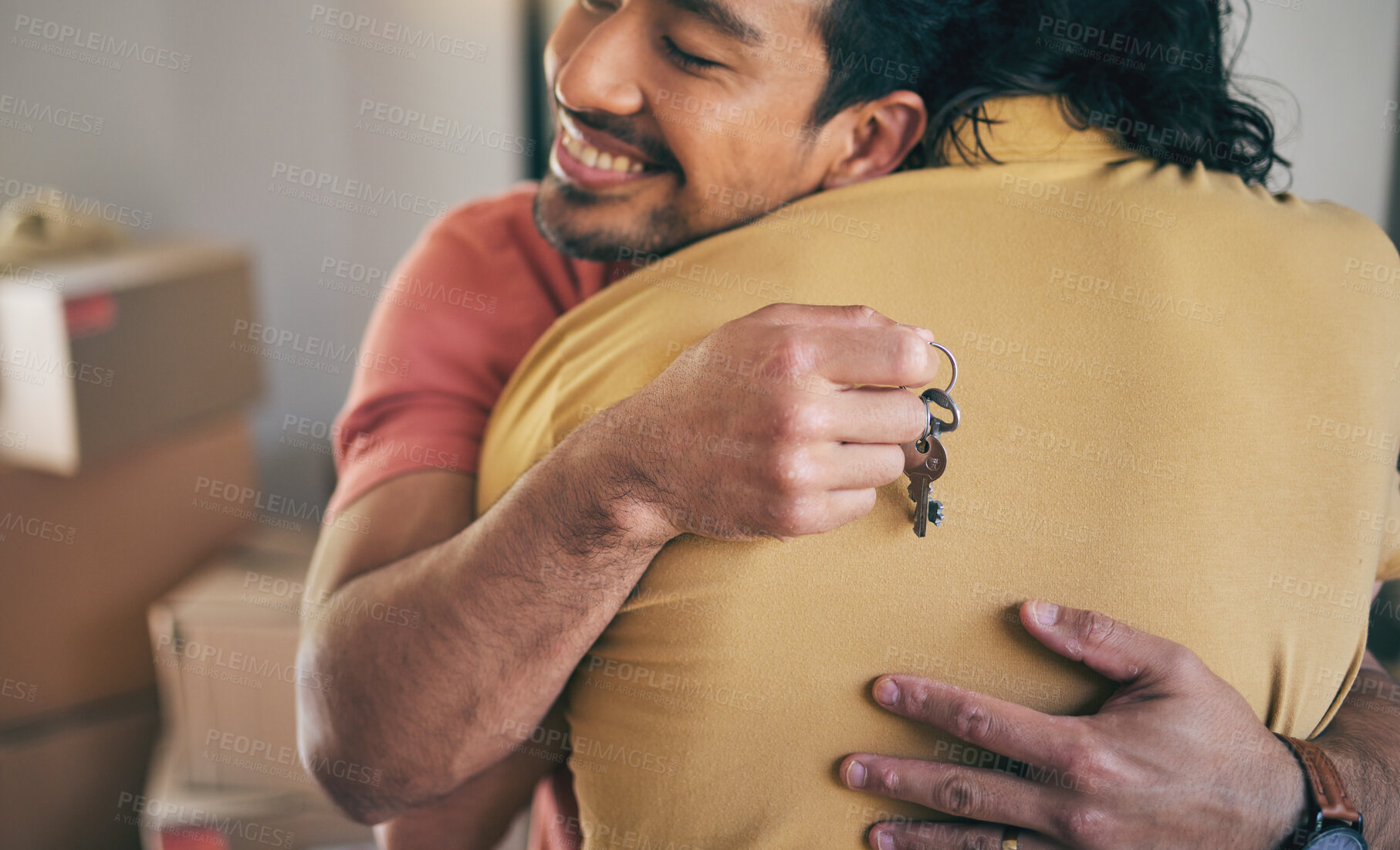 Buy stock photo House, keys and gay men hug for real estate, success or new home celebration together. Property, moving or lgbt couple embrace for love, happy or smile in rental, apartment or celebrate mortgage loan