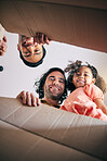 Family, open box and low angle with moving, portrait and smile in new house with gay father, girl or excited. LGBTQ men, cardboard package and happy dad with female child for start, life or property