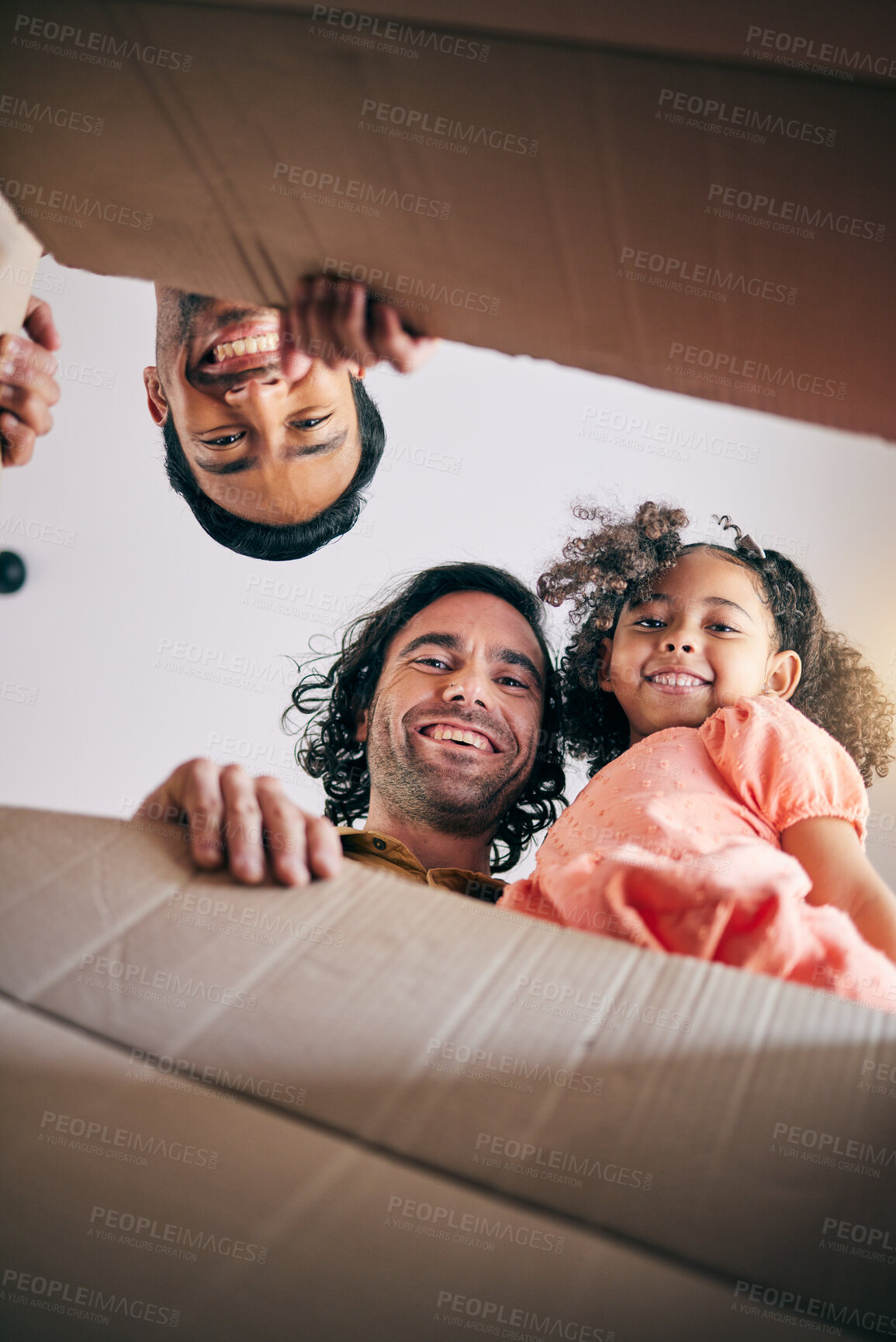 Buy stock photo Family, open box and low angle with moving, portrait and smile in new house with gay father, girl or excited. LGBTQ men, cardboard package and happy dad with female child for start, life or property