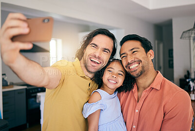 Buy stock photo Selfie, family and gay portrait at home for social media and profile picture of parents and child. Happy, smile or photo of homosexual people and interracial girl together with support, love and care
