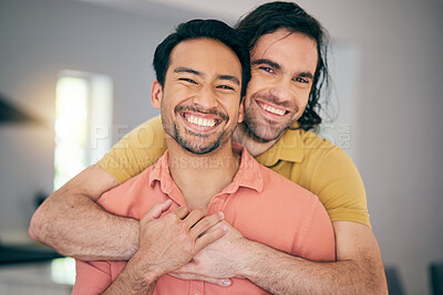 Buy stock photo Smile, portrait and gay couple hug, happy and love in their home with freedom on the weekend together. LGBT, face and man embrace boyfriend in a living room with care, romance and relationship pride