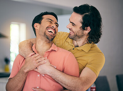 Buy stock photo Smile, laughing and gay couple hug, happy and trust in their home with freedom on the weekend together. LGBT, love and man embrace boyfriend in a living room with care, romance and relationship pride