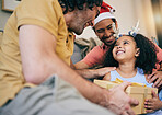 Gay father, girl and present in house for christmas, celebration and festive holiday with smile, love or care. LGBTQ men, parents and female kid with gift box. xmas fashion and culture in family home