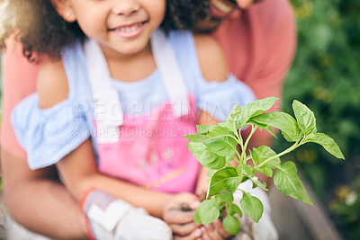 Buy stock photo Gardening, hands of dad and child with plants in backyard, teaching and learning with growth in nature. Smile, sustainability and father helping girl in vegetable garden with love, support and fun.