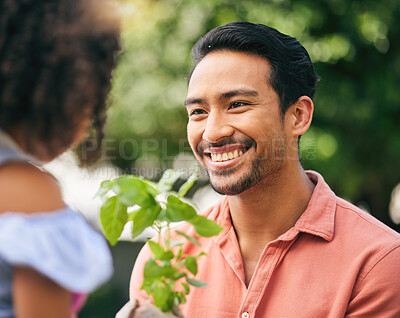 Buy stock photo Garden, plant grow and face of happy family, dad or child listening to gardening advice, environment care or agriculture chat. Smile, outdoor sustainability growth and eco friendly kid helping father