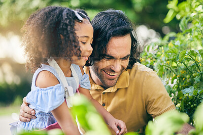 Buy stock photo Gardening, dad and child smile with plants, teaching and learning with growth in nature together. Backyard, sustainability and father helping daughter in vegetable garden with love, support and fun.