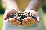 Gardening, soil in hands and palm of man in nature for agriculture, farming and planting flowers. Sustainability, environment and male person with earth, fertilizer and dirt on hand for earth day