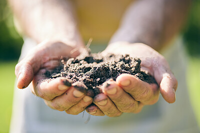 Buy stock photo Gardening, soil in hands and palm of man in nature for agriculture, farming and planting flowers. Sustainability, environment and male person with earth, fertilizer and dirt on hand for earth day