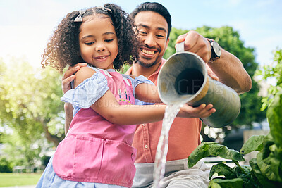 Buy stock photo Gardening, happy man and daughter water plants, teaching and learning growth in nature together. Backyard, sustainability and dad helping child watering vegetable garden with love, support and fun.