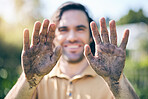 Gardening, dirt on hands and palms of man in nature for agriculture, farming and planting flowers. Sustainability, countryside and male person with earth, fertilizer and soil on hand for earth day