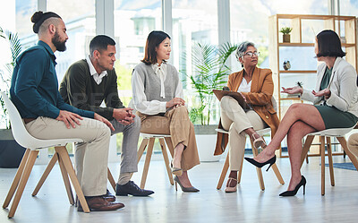 Buy stock photo Business people meeting, group and leader listen to plan, sales pitch idea or job report and planning strategy. Teamwork, listening staff and CEO manager, discussion and chat about performance check