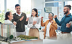 Business, staff and architecture with achievement, celebration and applause for success, growth and real estate development. Excited group, men and women cheering, property and engineer with model