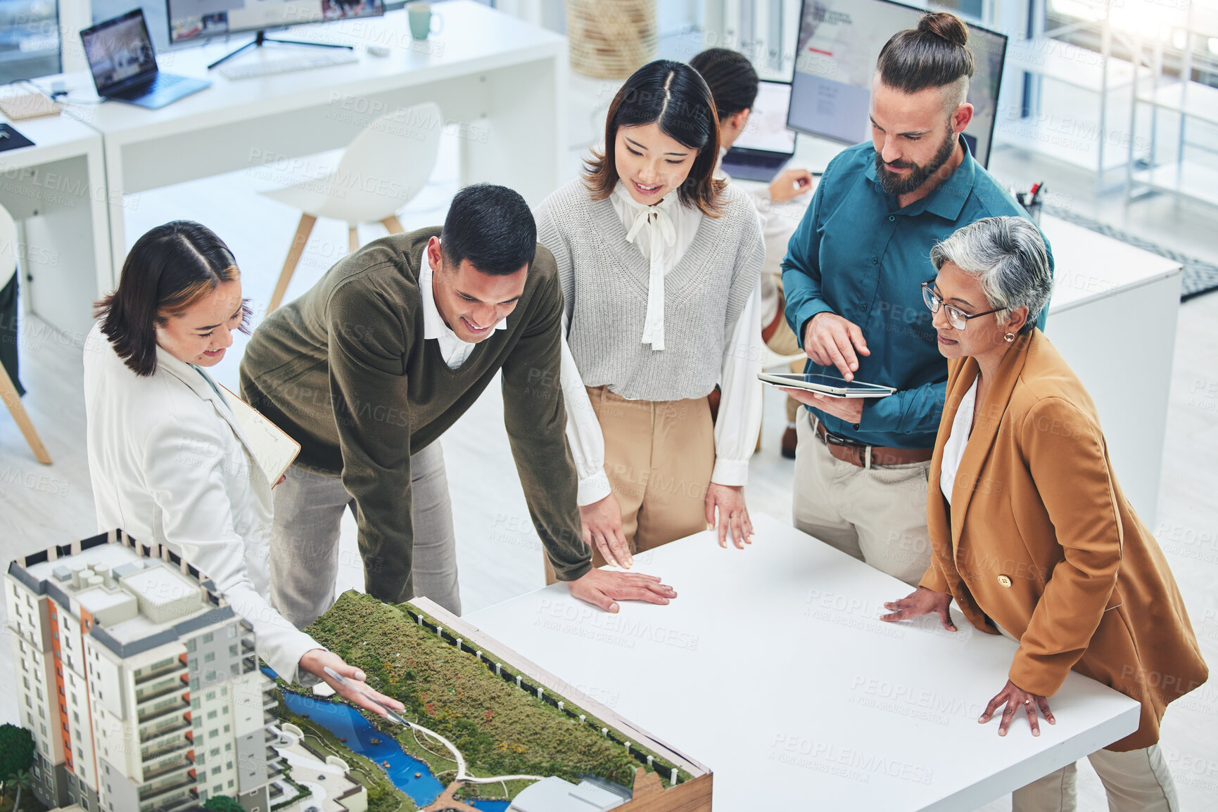 Buy stock photo Creative people, real estate and meeting with 3d model for building design, architecture or property at office. Architect team or group in project discussion, planning or brainstorming at workplace