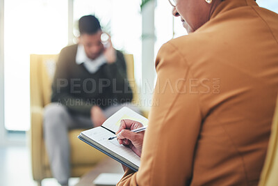Buy stock photo Psychologist writing, man stress and sofa with woman, therapy and listen for mental health, mindset or care. Psychiatrist, depressed patient and frustrated in clinic, notebook and help for anxiety