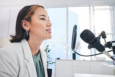 Buy stock photo Woman, radio presenter and speech on microphone, thinking and ideas for financial advice on air. Podcast host, recording and business talk show with sound, tech and info on live streaming in studio