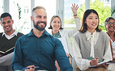 Buy stock photo Work seminar, happy and business people with a question, vote or team decision in a conference. Smile, audience and diversity of corporate employees with notes and hand raised during training