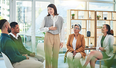 Buy stock photo Support, group and psychology of Asian woman talking in meeting, conversation and wellness. Counseling, therapy and happy people speaking, community help and rehabilitation, mental health and healing