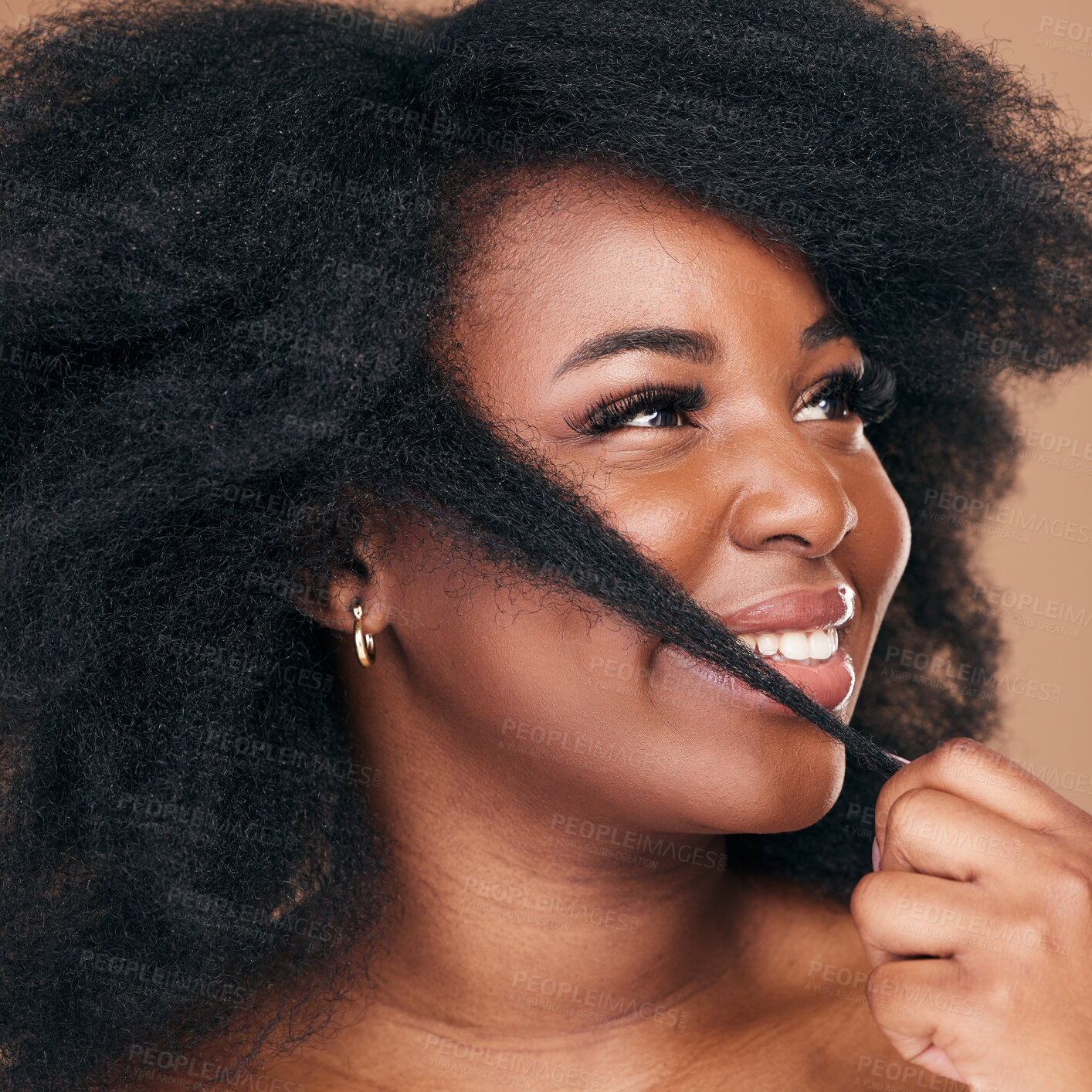 Buy stock photo Beauty, hair and happy with a model black woman in studio on a brown background for natural cosmetics. Face, smile and haircare with a confident young afro female person indoor for keratin treatment