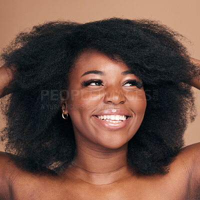 Buy stock photo Thinking, black woman and hair care for afro, smile and natural beauty on a brown studio background. Growth, hairstyle and African model with cosmetics after salon treatment, wellness and aesthetic