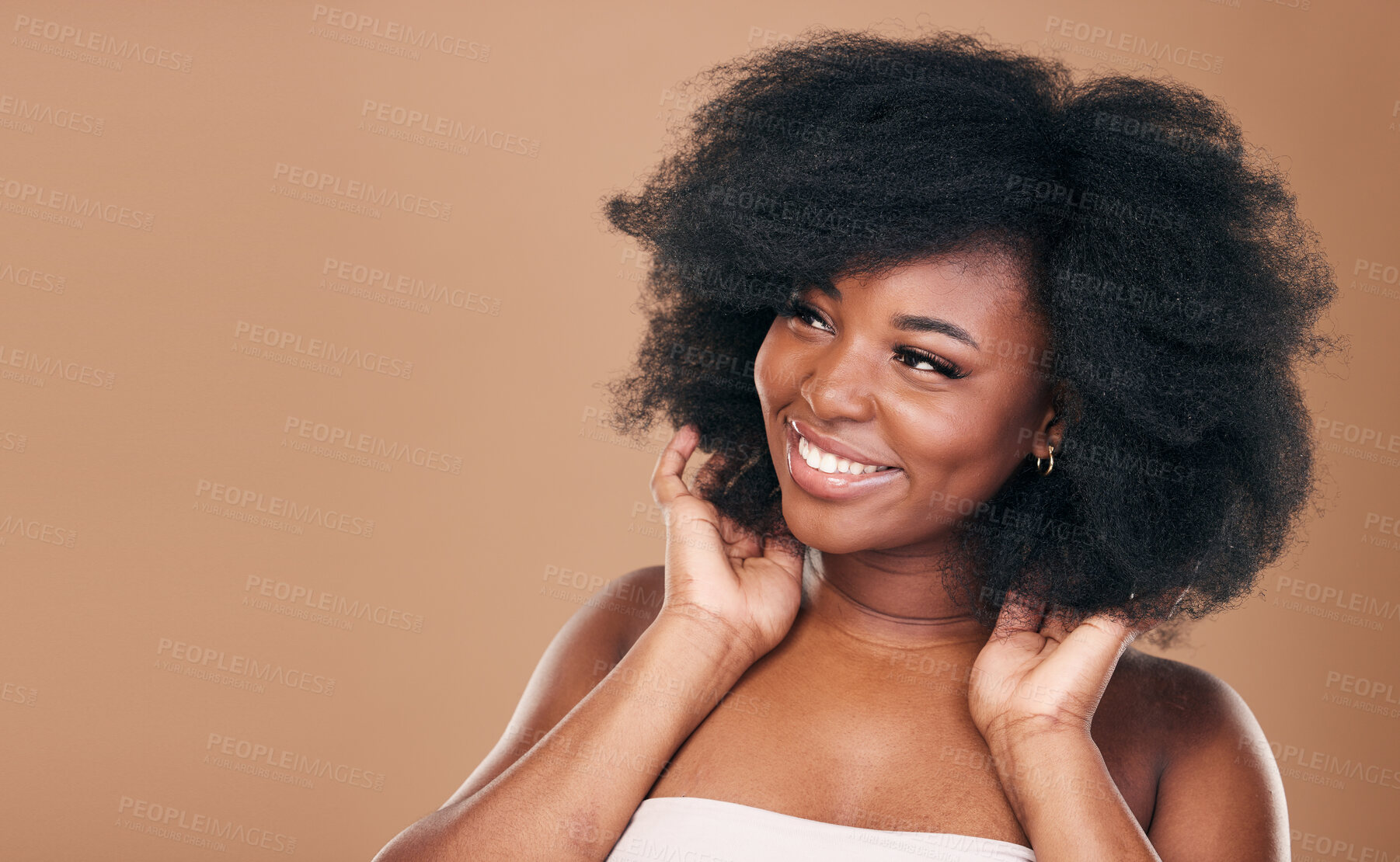 Buy stock photo Thinking, black woman and hair care for afro, growth and natural beauty on a brown studio background. Ideas, hairstyle and African model with cosmetics after salon treatment, texture and mockup space