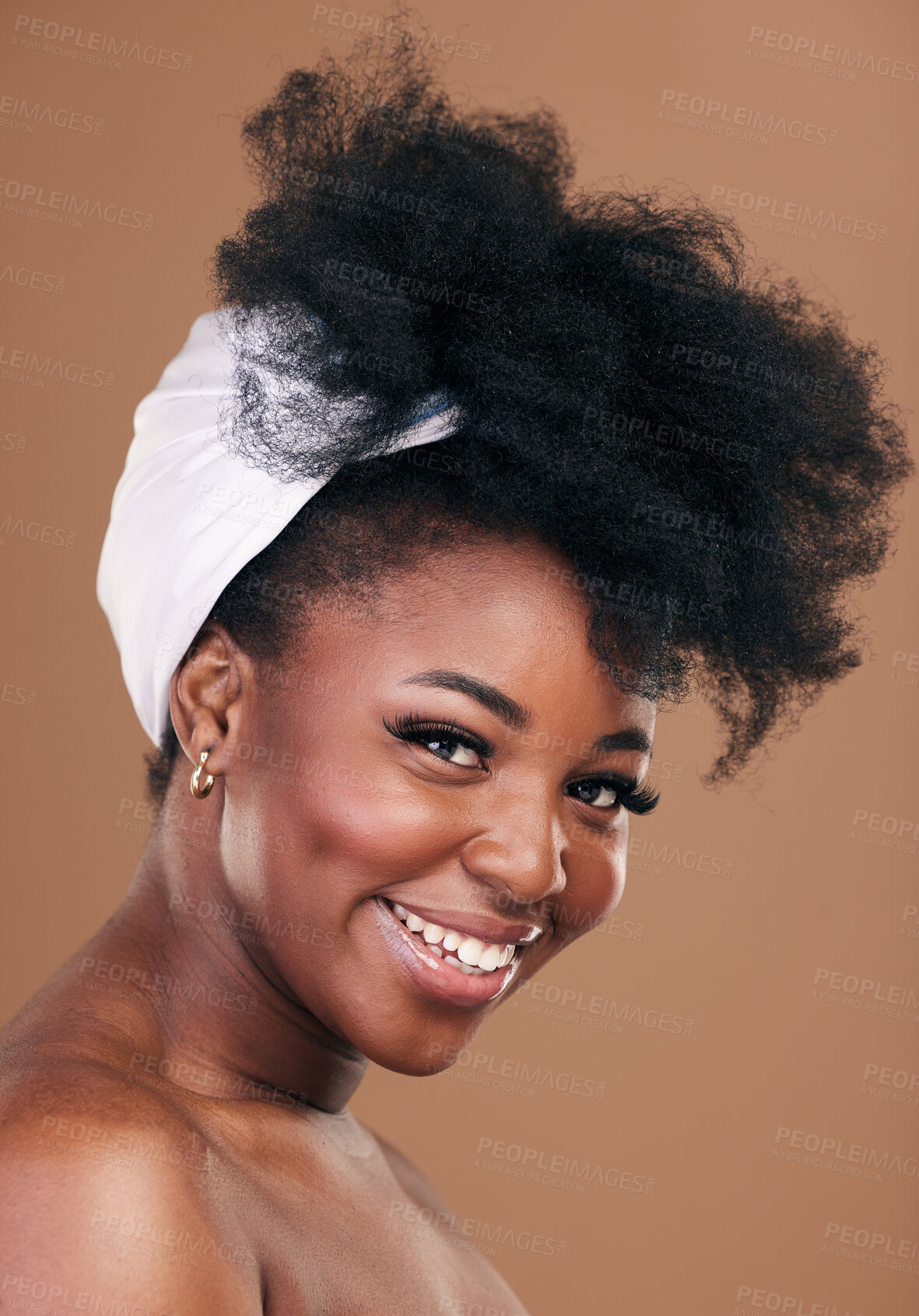 Buy stock photo Portrait, hair and smile for beauty with a black woman in studio on a brown background for natural cosmetics. Face, organic and haircare with a happy young afro female indoor for shampoo treatment