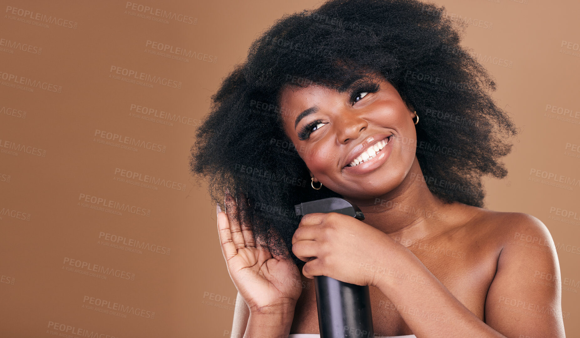 Buy stock photo Thinking, hair and spray with a model black woman in studio on a brown background for natural cosmetics. Face, smile and haircare with a happy afro female person indoor for dry shampoo treatment