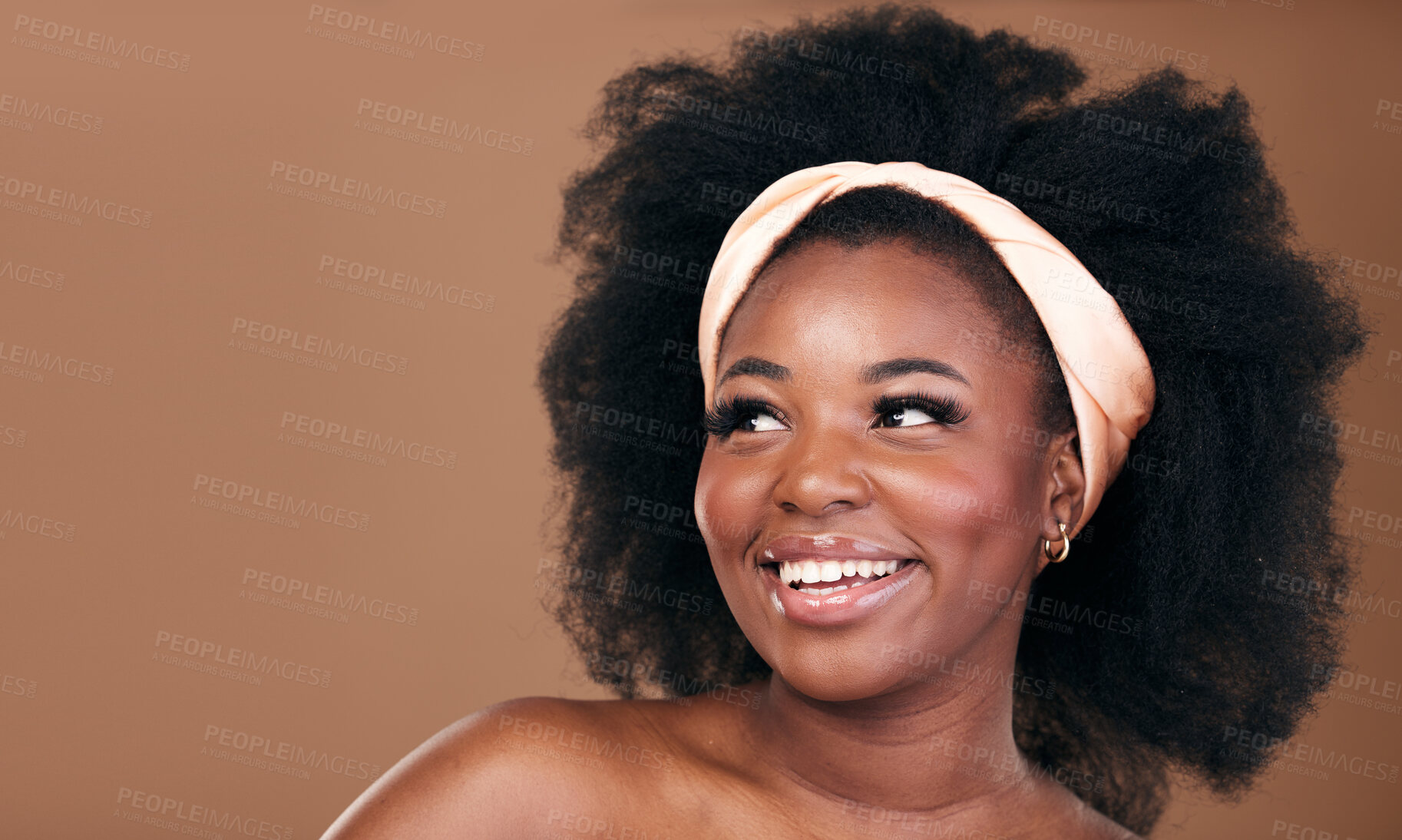 Buy stock photo Beauty, hair and idea with a model black woman in studio on a brown background for natural cosmetics. Face, smile and haircare with a happy young afro female person thinking about shampoo treatment