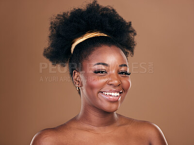 Buy stock photo Portrait, natural hair care or happy black woman with afro, self love or smile on a brown studio background. Hairstyle, healthy growth or African model with glow or beauty with aesthetic or wellness