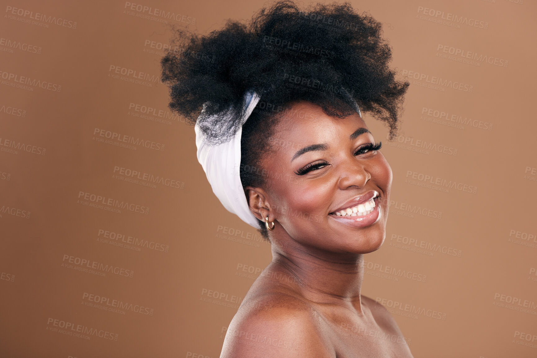 Buy stock photo Portrait, hair care or happy black woman with afro, self love or smile on a brown studio background. Hairstyle, beauty or African model with texture, shine and volume with aesthetic, wellness or glow