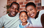 Selfie of black family in home, parents and kid with bonding, love and relax in living room together. Portrait of happy mom, dad and girl child in apartment with smile, man and woman with daughter.