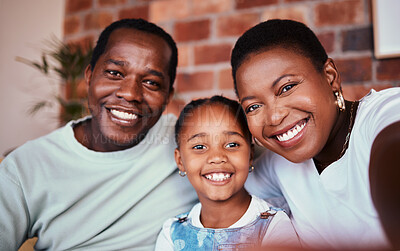 Buy stock photo Selfie of black family in home, parents and kid with bonding, love and relax in living room together. Portrait of happy mom, dad and girl child in apartment with smile, man and woman with daughter.