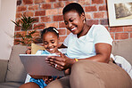 Black family, streaming and mom with girl on tablet in home watching tv online or kid learning with education games on internet. Happy, mother and child on mobile app to relax with social media