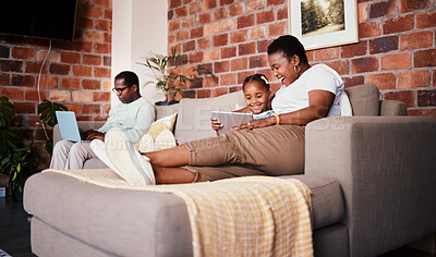 Buy stock photo Relax, happy and tablet with black family on sofa for technology, learning and social media. Streaming, website and smile with parents and child in living room of home for watching movies and cartoon
