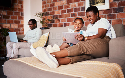 Buy stock photo Relax, smile and tablet with black family on sofa for technology, learning and social media. Streaming, website and happy with parents and child in living room of home for watching movies and cartoon